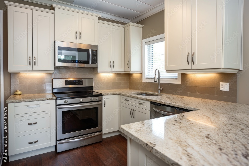 renovated kitchen with new cabinets, appliances and countertops, created with generative ai renovated kitchen with new cabinets, appliances and countertops, created with generative ai