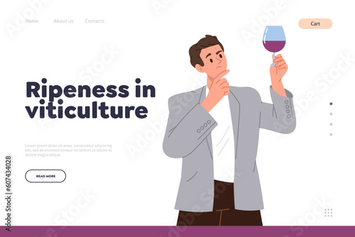 Ripeness in viticulture landing page design template with man cartoon character tasting wine