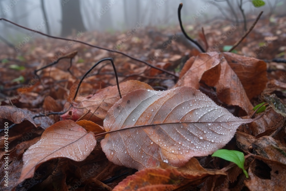 fallen leaves, covered in dew, on a foggy morning, created with generative ai fallen leaves, covered in dew, on a foggy morning, created with generative ai
