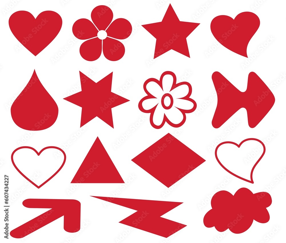 set of hand drawn doodles stars, hearts, arrows, flowers, drop, triangle, rhombus in red color on white background set of hand drawn doodles stars, hearts, arrows, flowers, drop, triangle, rhombus in red color on white background