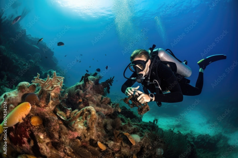scuba diver with camera in hand, exploring underwater paradise, created with generative ai scuba diver with camera in hand, exploring underwater paradise, created with generative ai