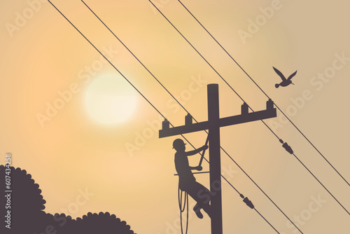 illustration of lineman with electrical installation on the city for electrical service vector