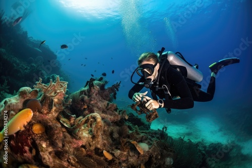 scuba diver with camera in hand, exploring underwater paradise, created with generative ai © altitudevisual