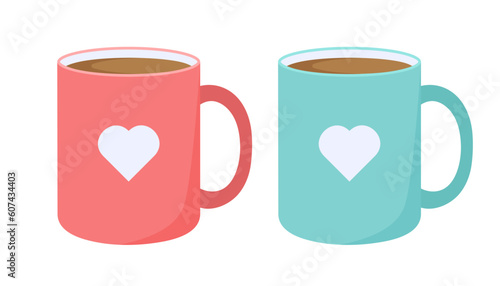 Paired mugs. Pink and blue coffee mugs. Ceramic mugs with hearts. Isolated on white background.	
