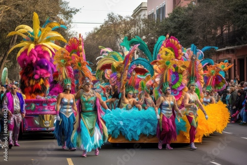 mardi gras parade, with people in colorful costumes and floats passing by, created with generative ai