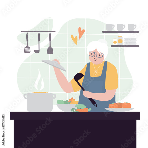 Elderly woman cooking in the kitchen. Happy grandmother is cooking food, kitchen interior. Caucasian granny wearing apron. Healthy food.