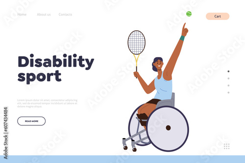 Disability sport landing page template with portrait of sportswoman in wheelchair playing tennis