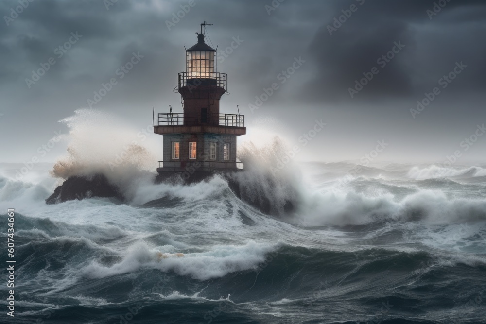 abandoned lighthouse, surrounded by stormy and turbulent sea, created with generative ai