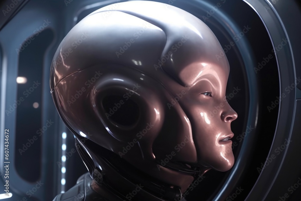 close-up of alien being's face, with its eyes closed, while it travels in futuristic pod, created with generative ai