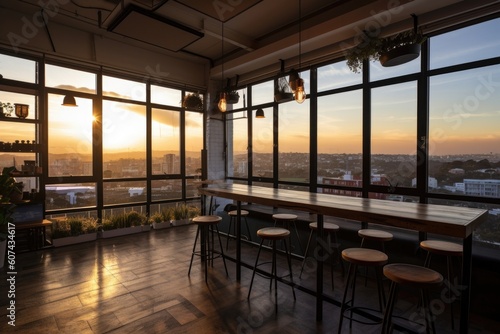 co-working space with a view of the sunrise, providing inspiration and energy to start the day, created with generative ai