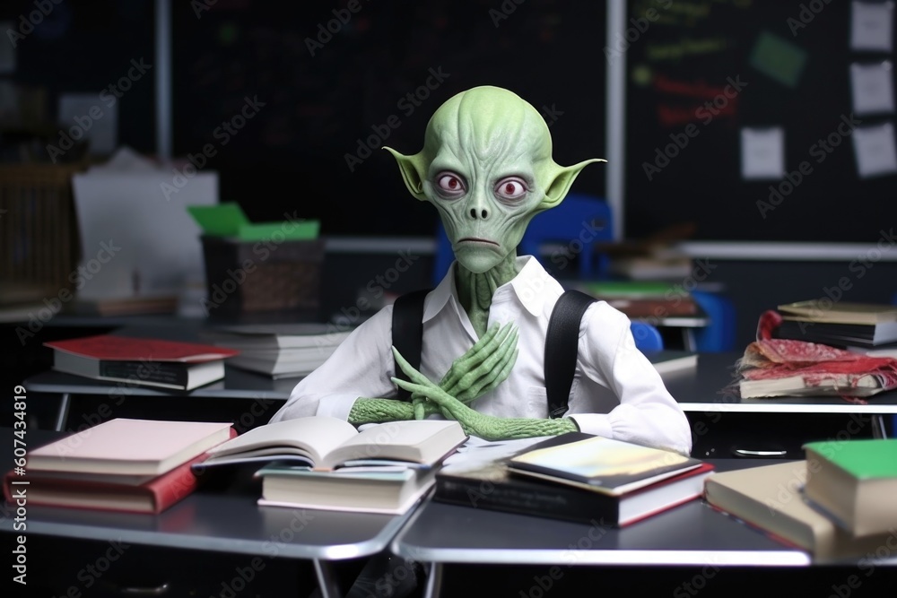 alien student sitting at classroom desk, with books and notebooks in front of them, created with generative ai alien student sitting at classroom desk, with books and notebooks in front of them, created with generative ai