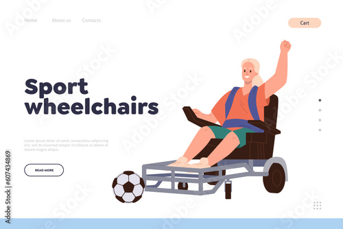 Sport wheelchair landing page design template with happy woman with injured body playing football