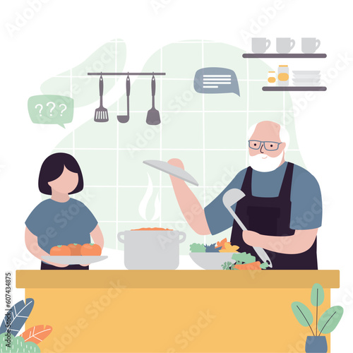 Grandparent and granddaughter cooking in kitchen. Happy people cooking food, kitchen interior. Caucasian aged man wearing apron and teaching to cook kid girl. Healthy food