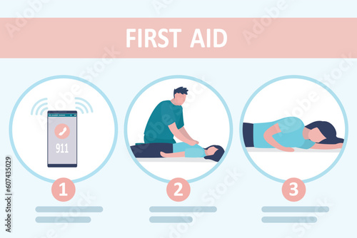 First aid infographic banner. Emergency doctors doing cardiopulmonary resuscitation of woman. Paramedic giving indirect heart massage first aid to patient.