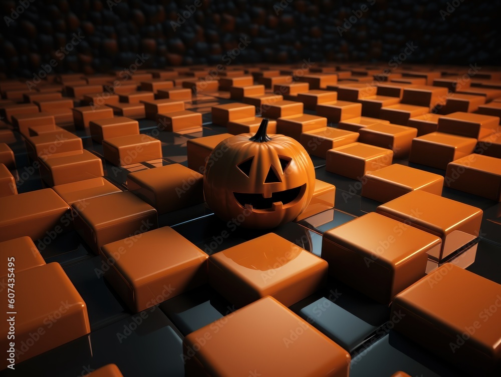 Fototapeta premium A 3D Render of a Abstract Background With a Jack-o'-lantern Pumpkin on Orange and Black Tile Pattern