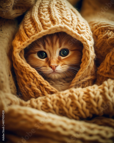 Fashionable clothes for kitten. A cat in stylish knitted clothes. Funny portrait of a cat. Cat clothing store.