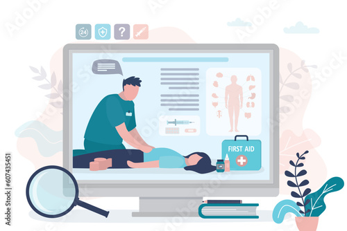Online course of first aid training. Life save and healthcare, concept. Education webinar for people. Learning medical information and practicing from video on computer.