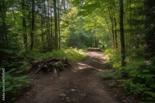 cleared path through the forest leads to secluded campsite, created with generative ai