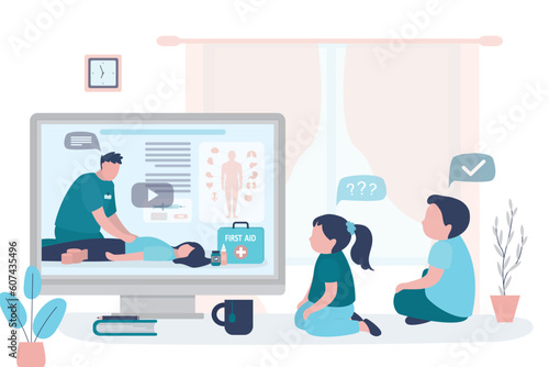 Children watching online course of first aid training. Life save and healthcare, concept. Education webinar for kids. Learning medical information and practicing from video on computer.