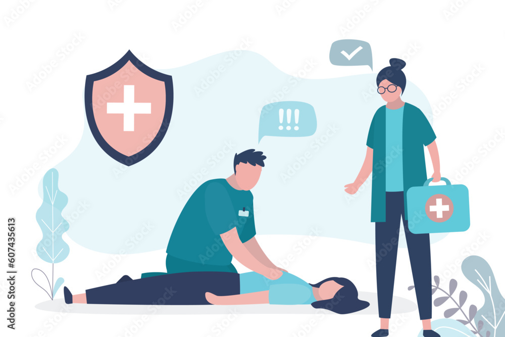 Emergency doctors doing cardiopulmonary resuscitation of woman. Paramedic giving indirect heart massage first aid to patient. 911 or 112 ambulance and paramedics with patient.