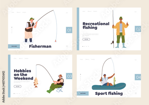 Set of landing page for online service providing fishing adventure best summer hobby fun activity