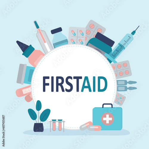 First aid kit. Medical equipment, drugs and medications. Emergency, healthcare concept. Medication equipment, supplies. Web banner template with place for text.