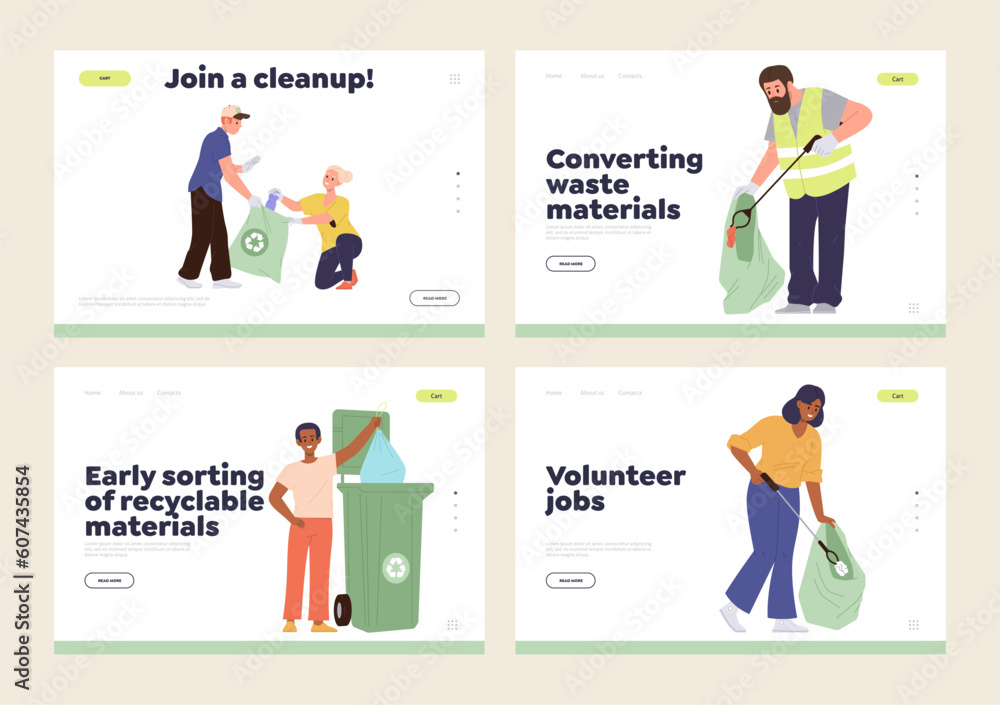 Set of landing page design template for online volunteering service caring for street cleanness