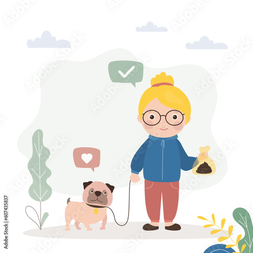 Cute little girl walking with pet in park. Preschooler child keeps dog on leash. Bulldog poops during walk. Gathering excrement in special bag. Kid cleaning up after doggy.