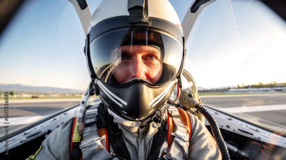 Bright day, 45-year-old jet fighter pilot prepares for takeoff on the runway in front of the hangars. With precision and skill, he soars through the clouds, feeling a sense of freedom. Generative AI Bright day, 45-year-old jet fighter pilot prepares for takeoff on the runway in front of the hangars. With precision and skill, he soars through the clouds, feeling a sense of freedom. Generative AI