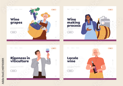 Set of landing page design template for winery company, wine alcohol drink producing and sale