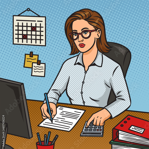 girl accountant at desk pinup pop art retro vector illustration. Comic book style imitation.
