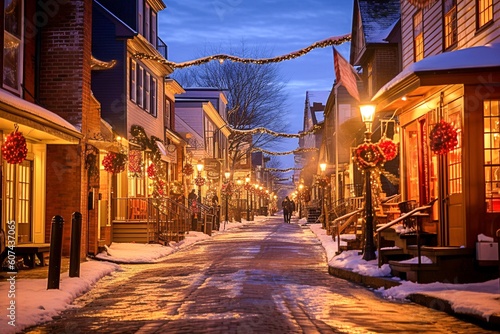 Festive Snowy City Street with Christmas Decorations - AI Generative