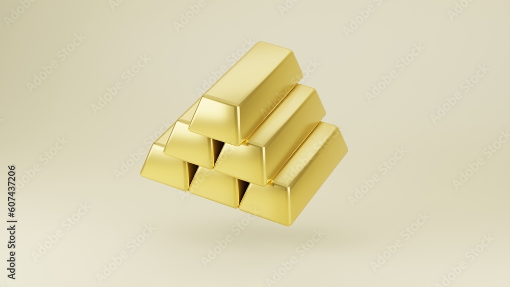 3d icon on solid color background, gold finance series, minimal style, 3d render illustration. Gold bar pyramid