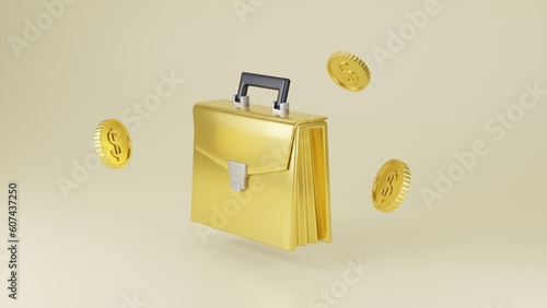 3d icon on solid color background, gold finance series, minimal style, 3d render illustration. Golden suitcase with a silver lock and coins.