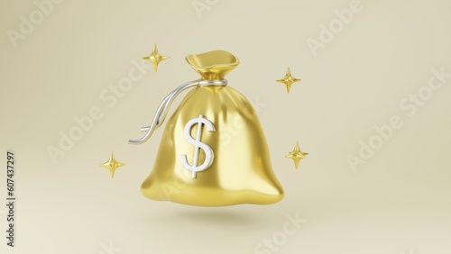 3d icon on solid color background, gold finance series, minimal style, 3d render illustration. Golden bag with stars.