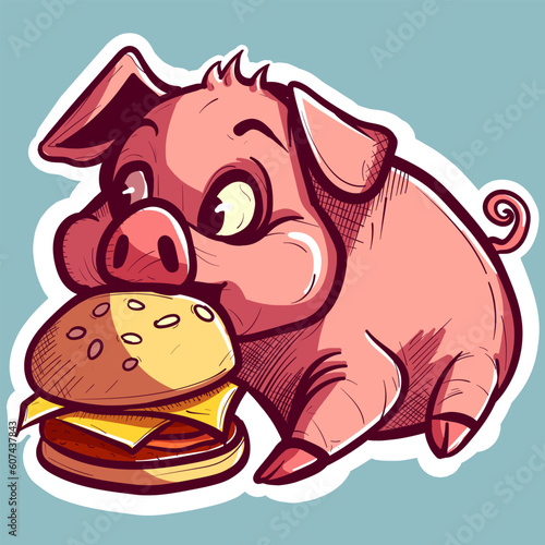 Digital art of a hungry piglet eating a burger. Vector of a pink pig devouring a big cheeseburger. Cartoon humanized animal with a hamburger.