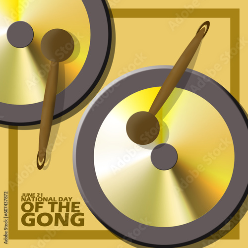 Two big gongs with batons and bold text on light brown background to commemorate National Day of the Gong on June 21