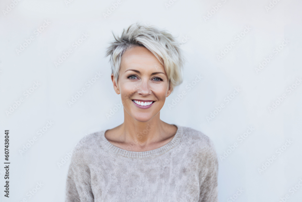 Smiling 40 year old woman with short blonde hair. Generative AI. - obrazy, fototapety, plakaty 