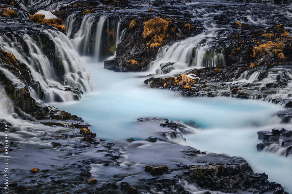 Bruarfoss waterfall and its surroundings captured on a winter afternoon in Iceland.