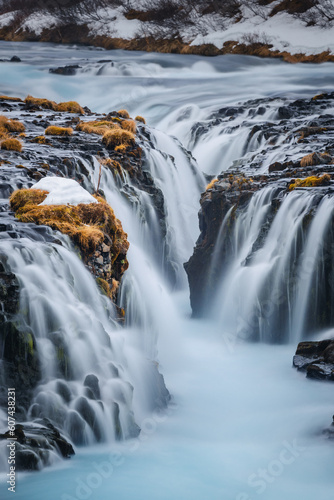 Bruarfoss waterfall and its surroundings captured on a winter afternoon in Iceland.