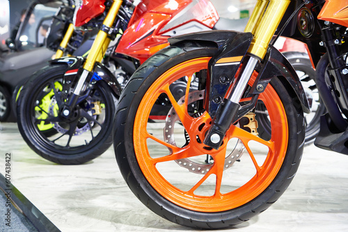 Motorcycle wheel on display in shop