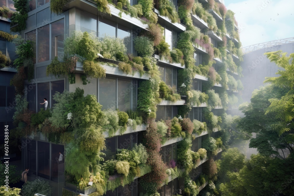 An innovative vertical gardening system integrated into the facade of a sustainable building, bringing greenery to urban environments while conserving space - Generative AI