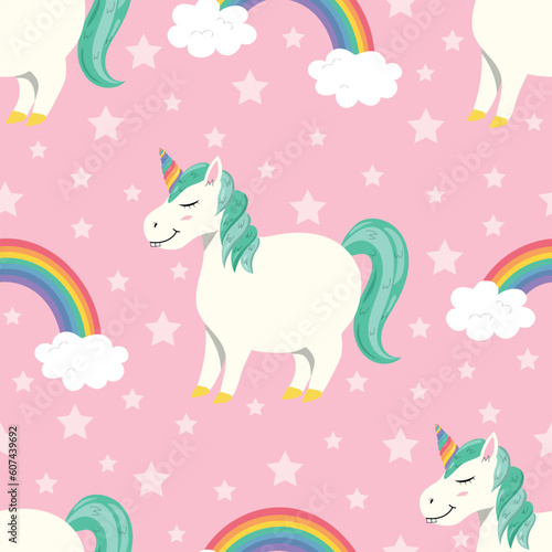 Seamless pattern with cute fat unicorn. Cartoon childish illustration of fairy animal. Unicorn with rainbow.