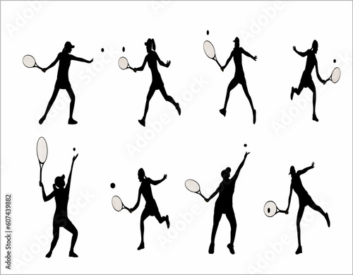 A set of women tennis players silhouette on white background. Vector illustration