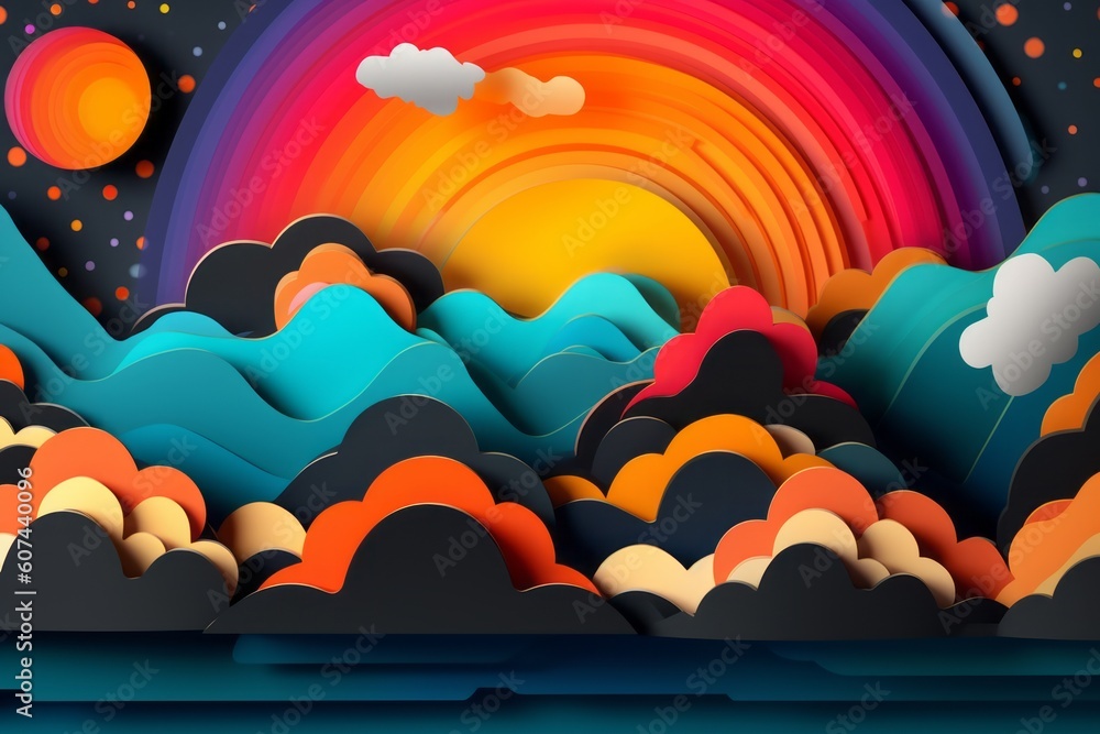 Fototapeta premium A paper art background with a 3D effect, A sunset and a cloud concept. Generate Ai