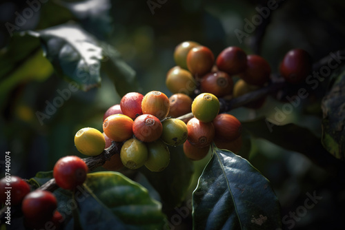 Coffee beans ripening in the soft sunlight, Generative AI