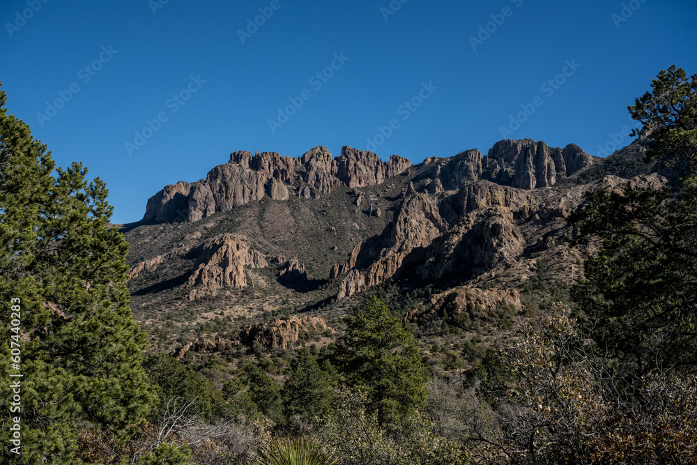 Looking Up at Chisos Mountains Against Blue Sky