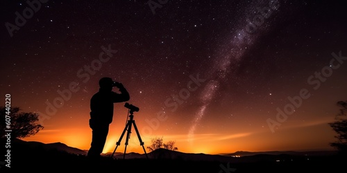 A silhouette of a person with a camera on a tripod, aiming at a star-filled night sky, concept of Stargazing, created with Generative AI technology © koldunova
