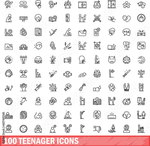 100 teenager icons set. Outline illustration of 100 teenager icons vector set isolated on white background