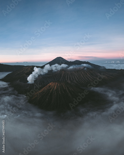 Beautiful sunrise at Mount Bromo , the active volcano in Bromo Tengger Semeru National Park, East Java, Indonesia. Aerial drone shot.